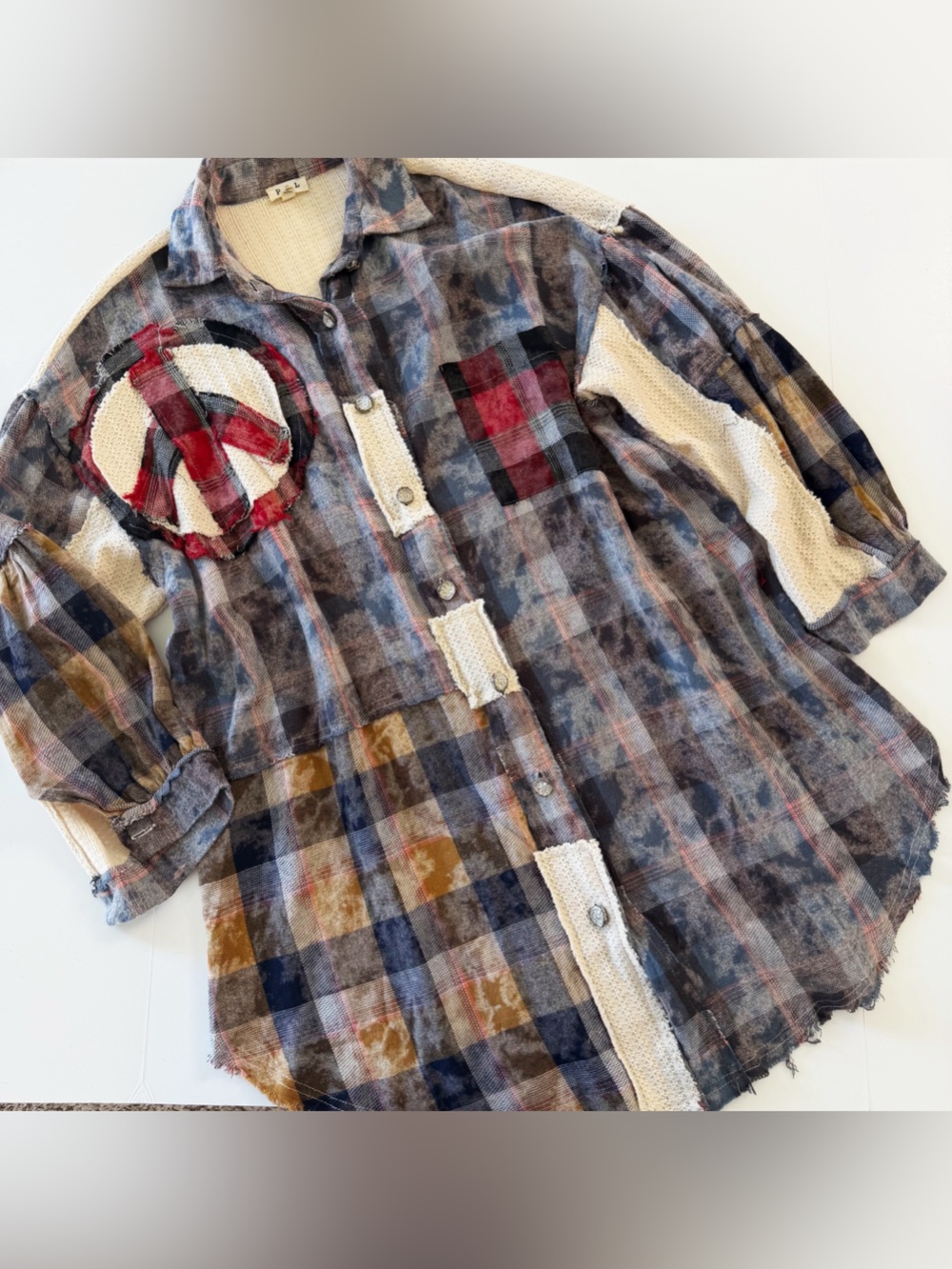 POL Shirt Womens Medium Oversized Boho Patchwork Lace Flannel Peace Sign Boho - Picture 2 of 9